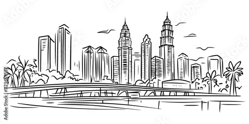 hand-drawn kuala lumpur skyline with petronas towers – black vector