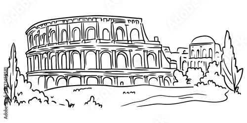 rome’s historic colosseum with park view – black vector