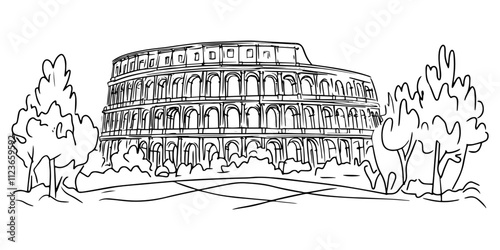 rome’s historic colosseum with park view – black vector