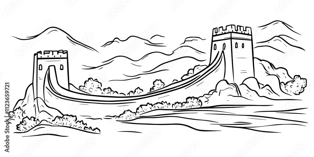 Fototapeta premium minimalist sketch of historic great wall of china – black vector