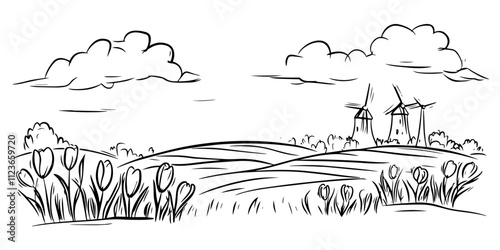 hand-drawn rural field with tulips and windmills vector
