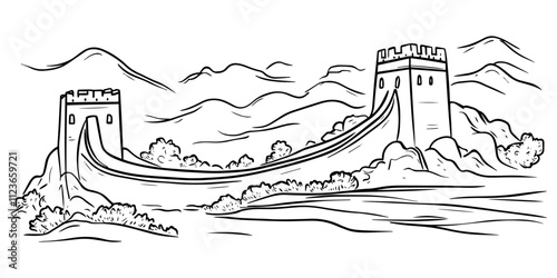minimalist sketch of historic great wall of china – black vector