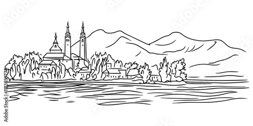 sketch of a bustling moroccan cityscape with landmarks – black vector