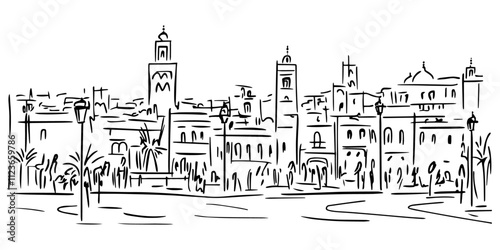 sketch of a bustling moroccan cityscape with landmarks – black vector