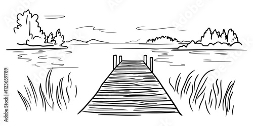 rustic boardwalk on water with scenic view – black vector
