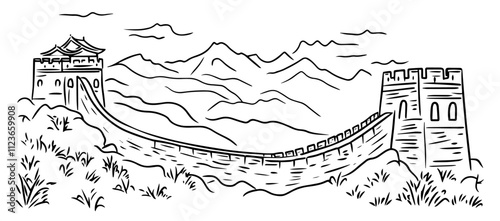 minimalist sketch of historic great wall of china – black vector