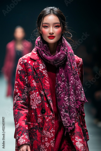 
A fashionable plum in a trendy coat and scarf, elegantly walking the runway with a smile, under the text: 