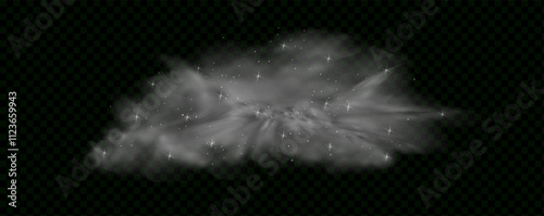 Mystery dark background with glowing particles, stardust, and glittering stars, creating a colorful, ethereal fog. Vector illustration with vibrant, multicolored steam and vapor.