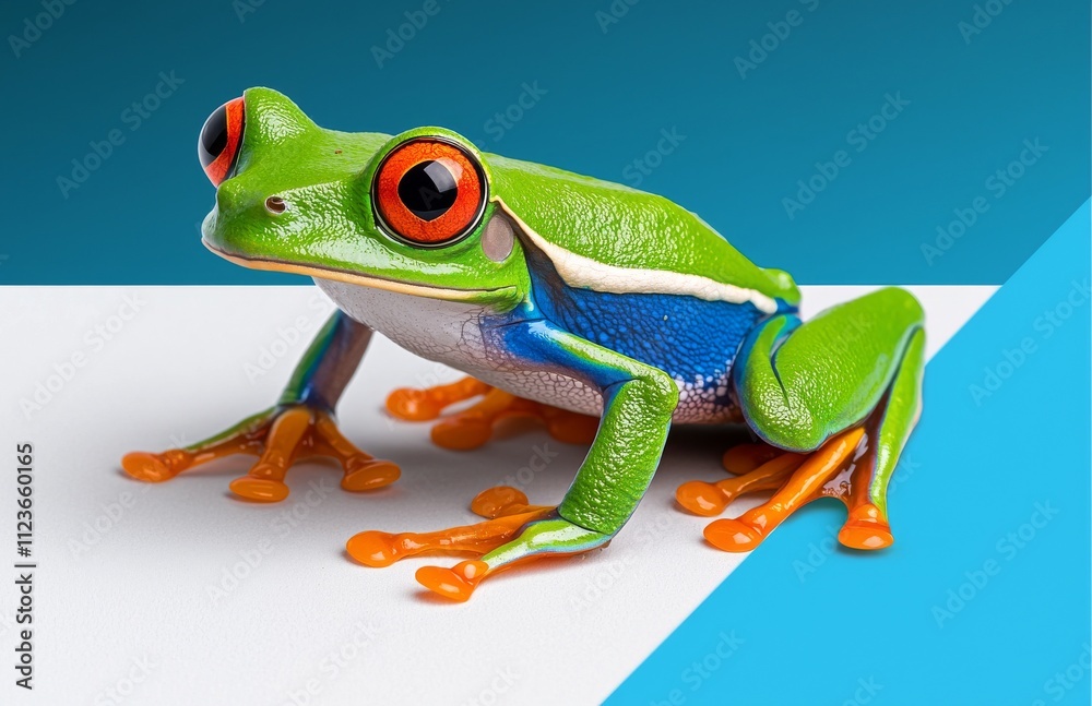 Obraz premium Originating from the tropical rainforests of Costa Rica and Panama, the red-eyed tree frog is an adorable and unusual animal with striking eyes, shown isolated on a white background.