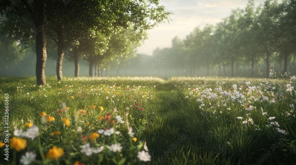 Obraz premium Nature-inclusive or circular and sustainable agriculture with wild flowers along potato field in the Netherlands, Europe