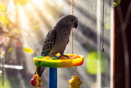 A small parrot perched on a vibrant plastic bird toy in a sunlit room. photo