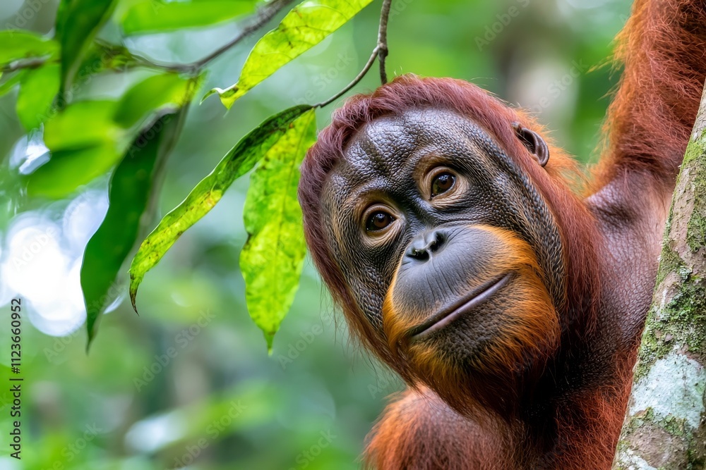 Fototapeta premium A female Sumatran orangutan (Pongo abelii), critically endangered, in Gunung Leuser National Park, Sumatra, Indonesia.