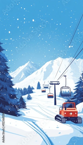 Ski resort featuring a snowcat and lift on a stunning snowy mountain slope for winter fun