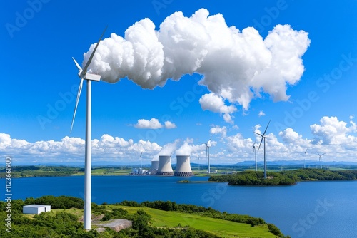 At dusk, a wind farm and power plant produce clouds of steam, showcasing a blend of renewable energy and fossil fuels in Germany, NRW, Neurath. photo