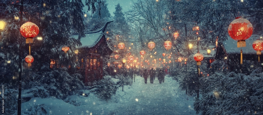 Fototapeta premium Snow covered pathway lined with illuminated lanterns and wooden houses.