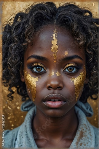 mix media art, illustration of a cute dark skinned girl with very big eyes, rosy lips and cheeks, curly hair, golden accents, ink drops, nuanced colors, canvas texture, crafty style, washed colors