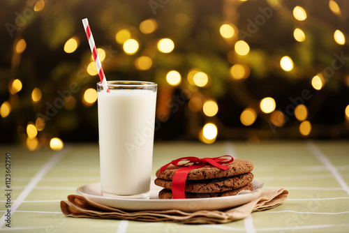 Close up traditional christmas milk glass with cookies on Christmas lights background. Festive food, Christmas celebration traditions. Milk for Santa Claus