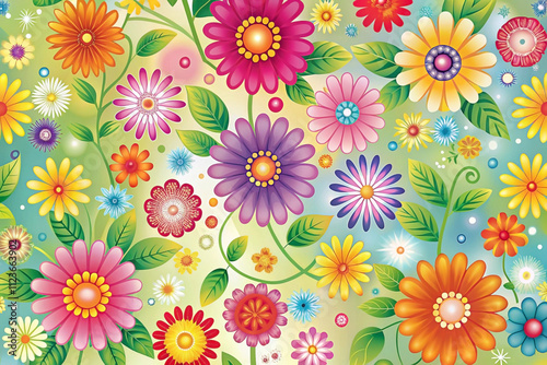 Vibrant floral pattern with colorful flowers, leaves, and a soft background.