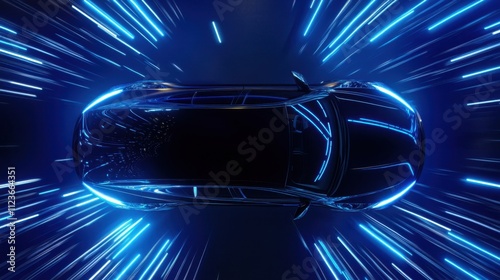 Sleek, black electric car with glowing blue lines radiating outward, suggesting speed and dynamism
