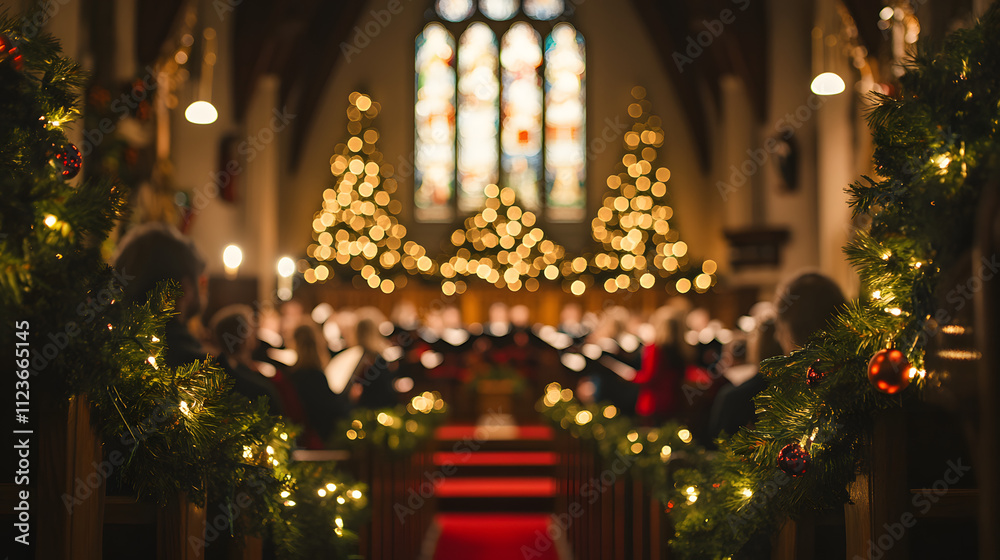 Obraz premium A festive Christmas choir concert in a decorated church with garlands and twinkling lights hanging from the rafters.