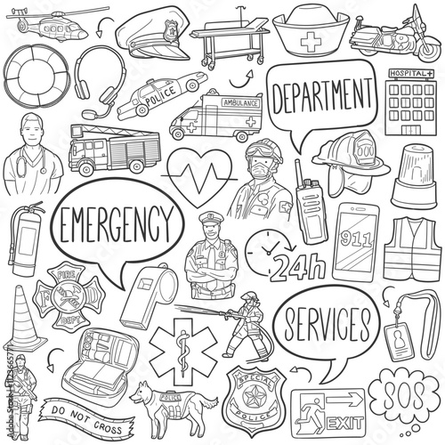 Emergency Doodle Icons Black and White Line Art. Essential Workers Clipart Hand Drawn Symbol Design.