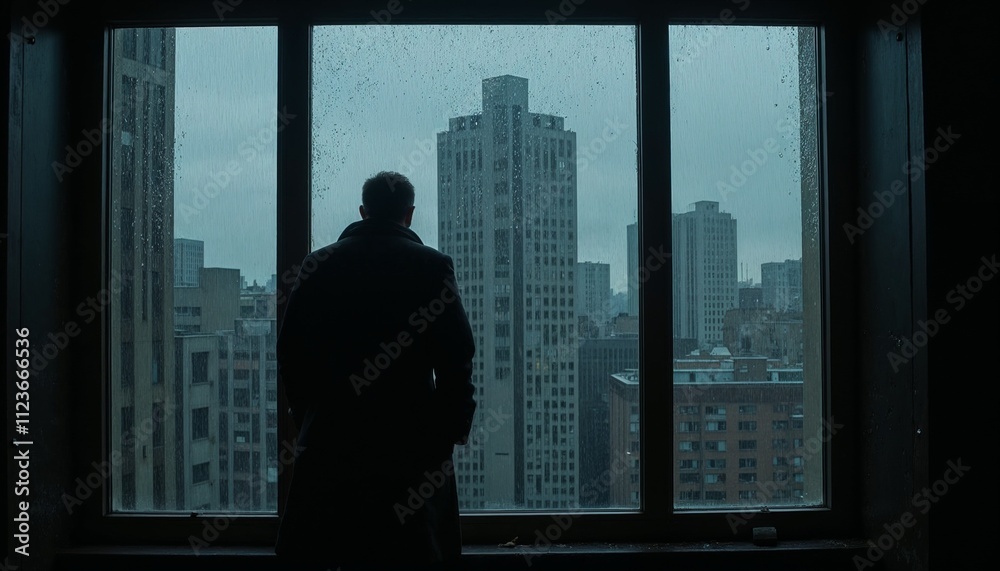 Fototapeta premium A shadowy figure standing at a window, gazing at a rainy cityscape, with droplets running down the glass