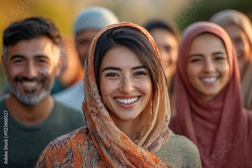 group of people from different cultural backgrounds smiles while standing together outdoors surrounded by soft light photo