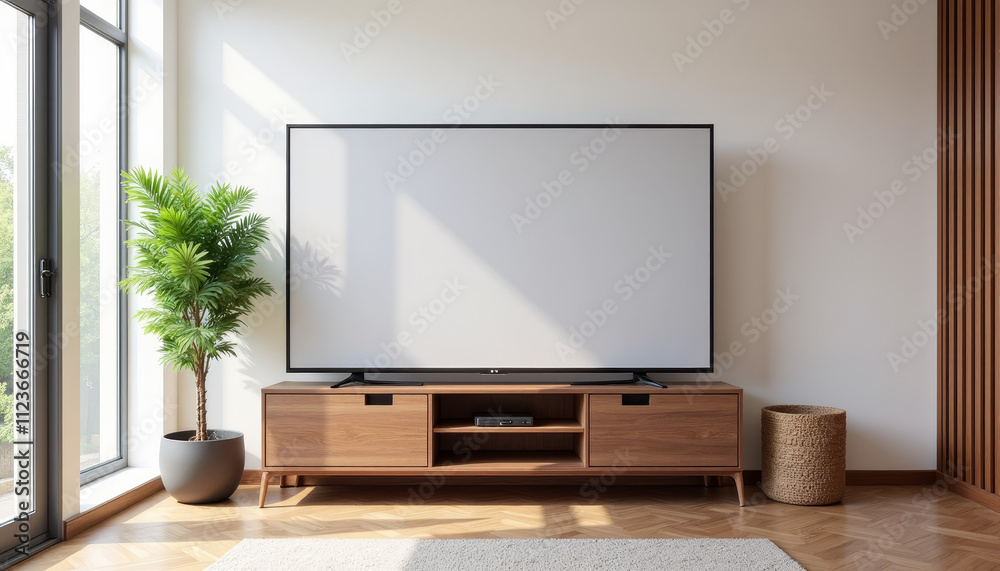 Fototapeta premium Modern living room with a sleek television and stylish decor featuring natural light and greenery in a serene ambiance