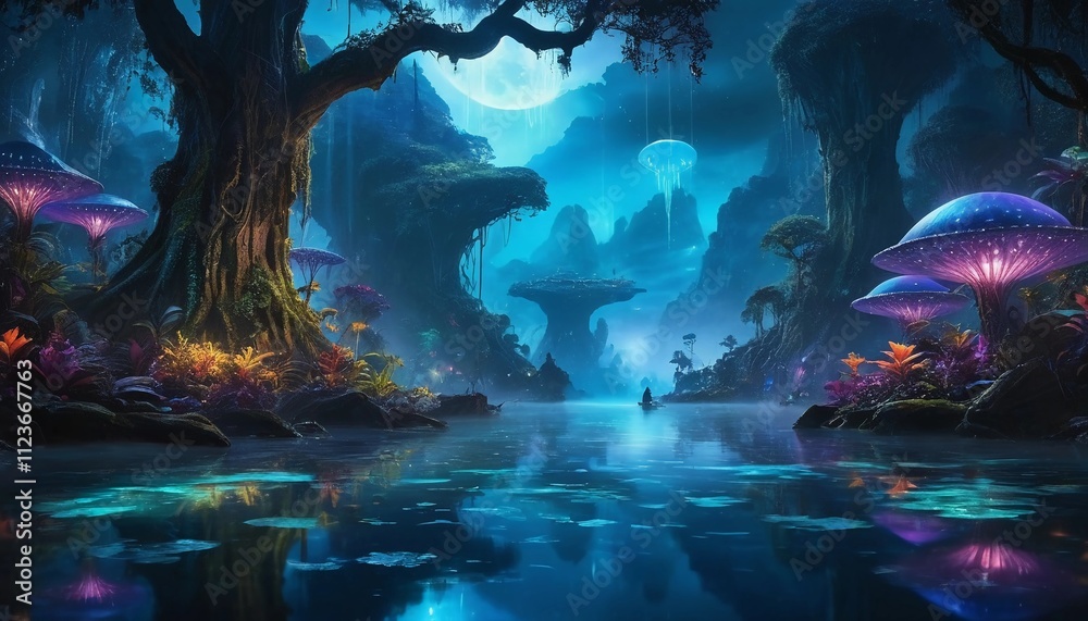 Obraz premium Discovering a mystical world filled with luminescent flora and a tranquil waterway beneath glowing moons. Generative AI