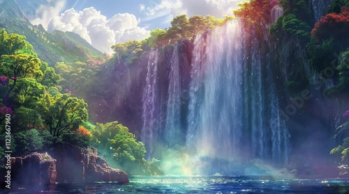 Majestic tall waterfall flowing down a rocky cliff with lush green surroundings  
Seamless looping 4k time-lapse virtual video animation Generated AI