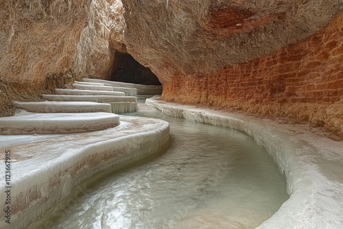 A calm frozen stream meanders through a magnificent ice cave, showcasing unique textures and shapes photo