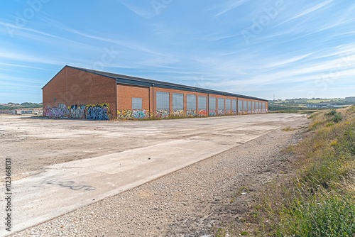 Bold graffiti art brings color to a neglected industrial site, showcasing creativity against a backdrop of blue skies photo