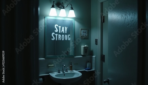 A foggy mirror in a dimly lit bathroom with 