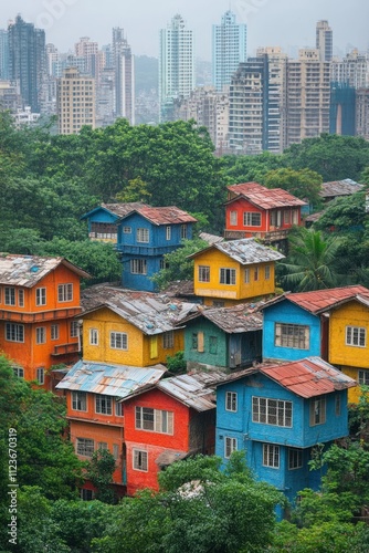 Vibrant patchwork roofs blend with lush greenery amidst a bustling city skyline