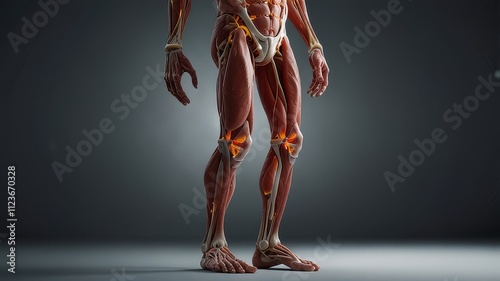 A unique and diverse image of an early patient walking on foot, with their hand and fingers tingling from sensory nerve damage. The muscles in their legs are cramping and weak due to chronic inflammat photo