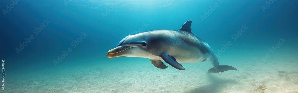 Fototapeta premium A vaquita dolphin breaks the surface, enjoying the calm, clear turquoise waters under bright sunlight