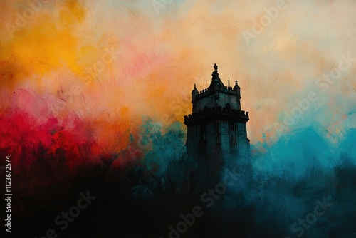 The Belem Tower, also known as the Tower of St. Vincent, stands by the Tagus River at a picturesque sunset in Lisbon, Portugal