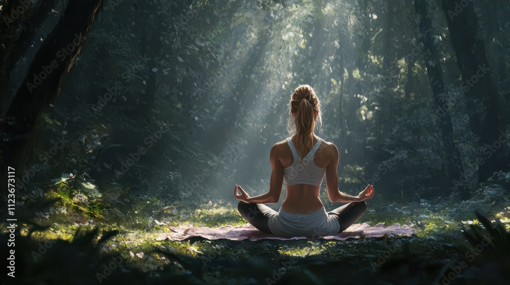 Woman meditating and practicing yoga in forrest Woman meditating and practicing yoga in forrest