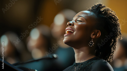 A heartfelt soloist singing a hymn while the church choir harmonizes softly in the background.
