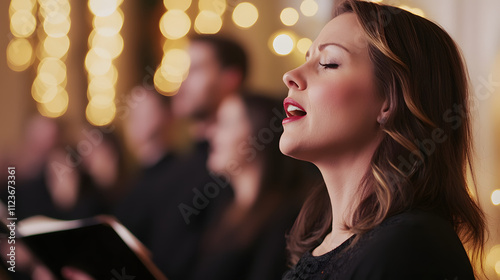 A heartfelt soloist singing a hymn while the church choir harmonizes softly in the background.