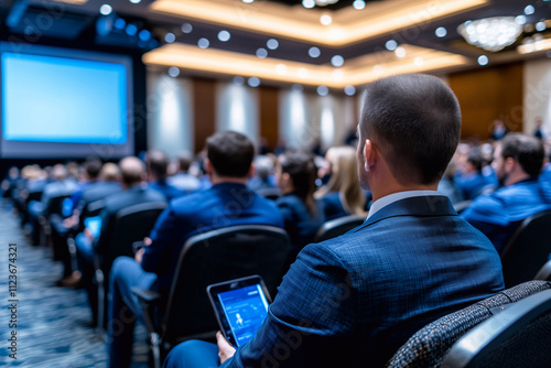 Businessman with Tablet at International Cybersecurity Conference 