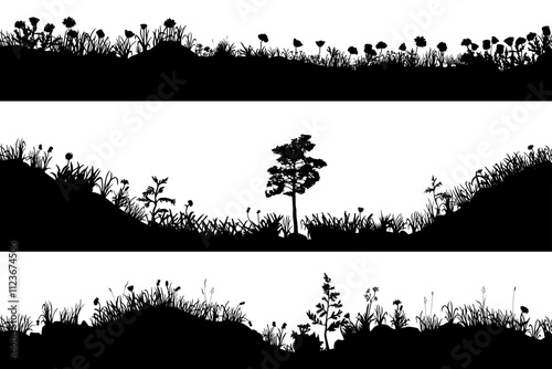 Seamless realistic black and white vector collection of 3 silhouettes of the ground with grass, flowers, spikelets, trees on it. Hand drawn isolated illustrations for work, design, banners, landscapes