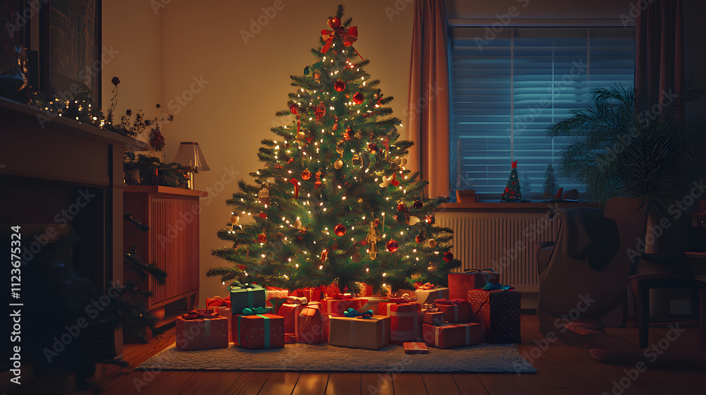 Obraz premium Christmas tree decorated with gifts. Festive background