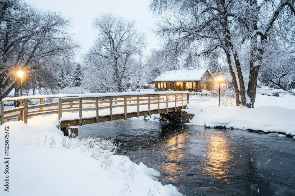 Fototapeta premium Snow-covered bridge over a stream beside a cozy cabin in a winter landscape during a snowy evening
