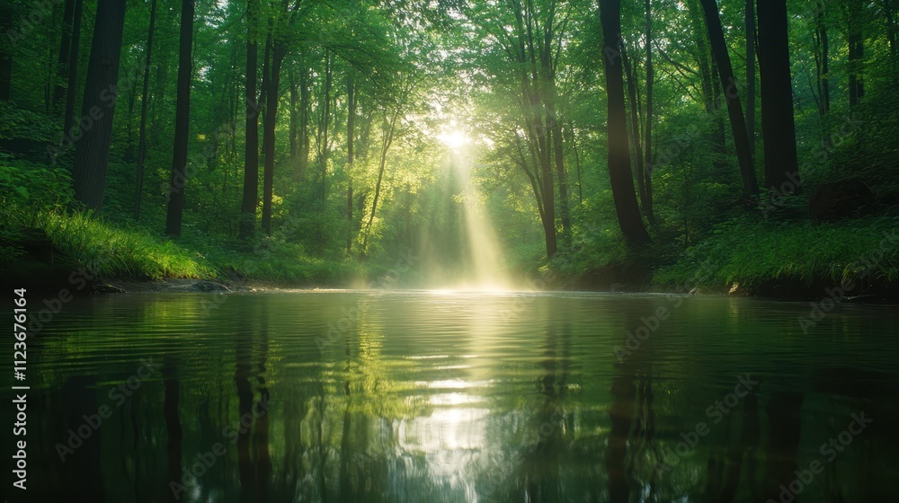 Obraz premium A tranquil forest scene featuring a serene stream reflecting sunlight filtering through the lush green trees, Ideal for nature-themed projects, wellness promotions, or environmental campaigns,