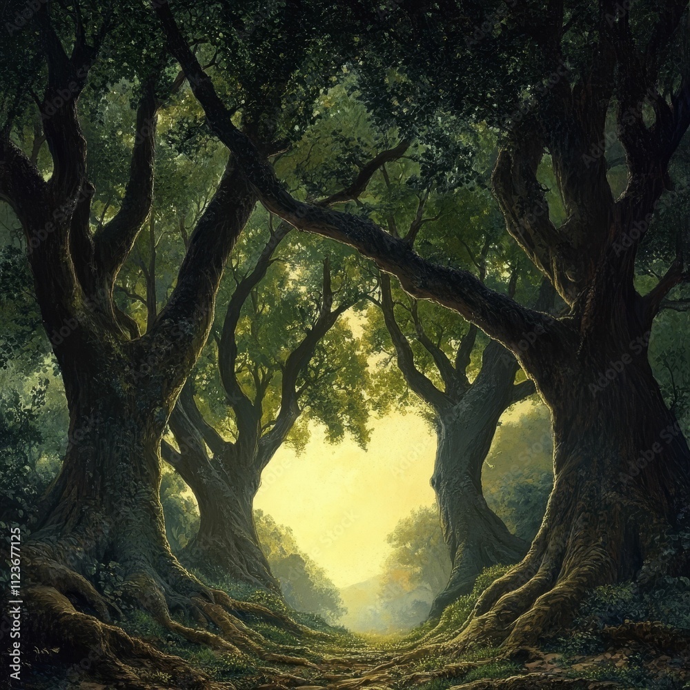 Fototapeta premium Ancient trees frame sunlit forest path.