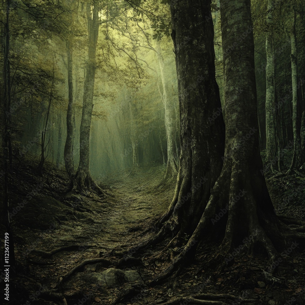 Obraz premium Misty forest path, large trees, exposed roots.