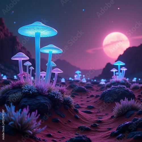 Glow of neon fungi illuminates alien landscape under a vibrant celestial sky in another world. Generative AI