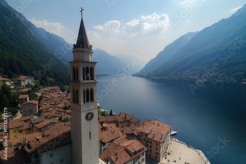 The scenic view of Thun with the Alps and a lake in Switzerland photo