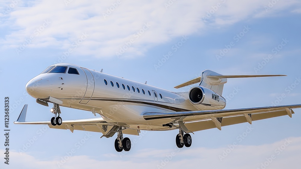 Fototapeta premium A sleek private jet landing against a clear sky backdrop.